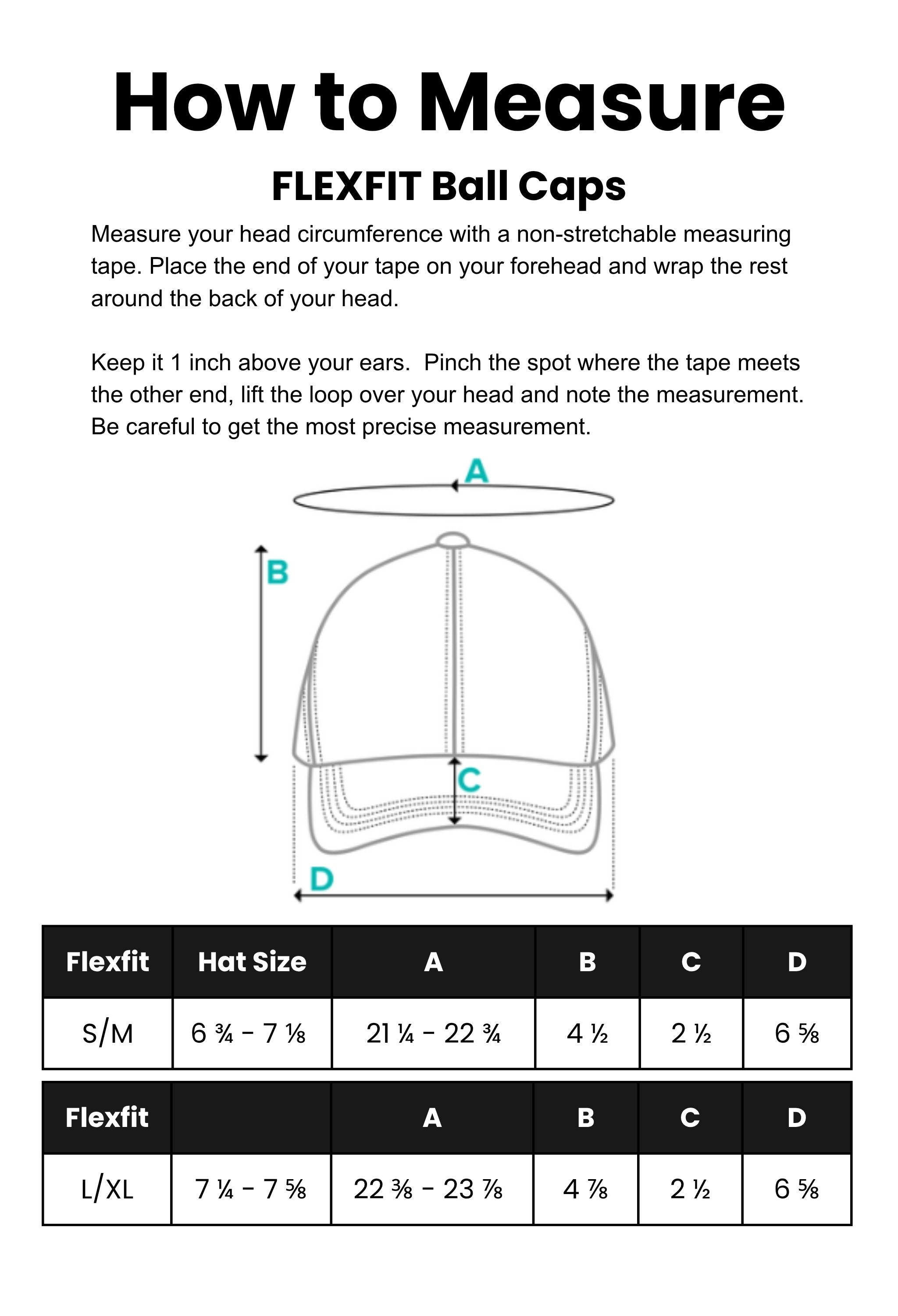 Instructions on how to measure Flexfit ball caps with a diagram and size chart.