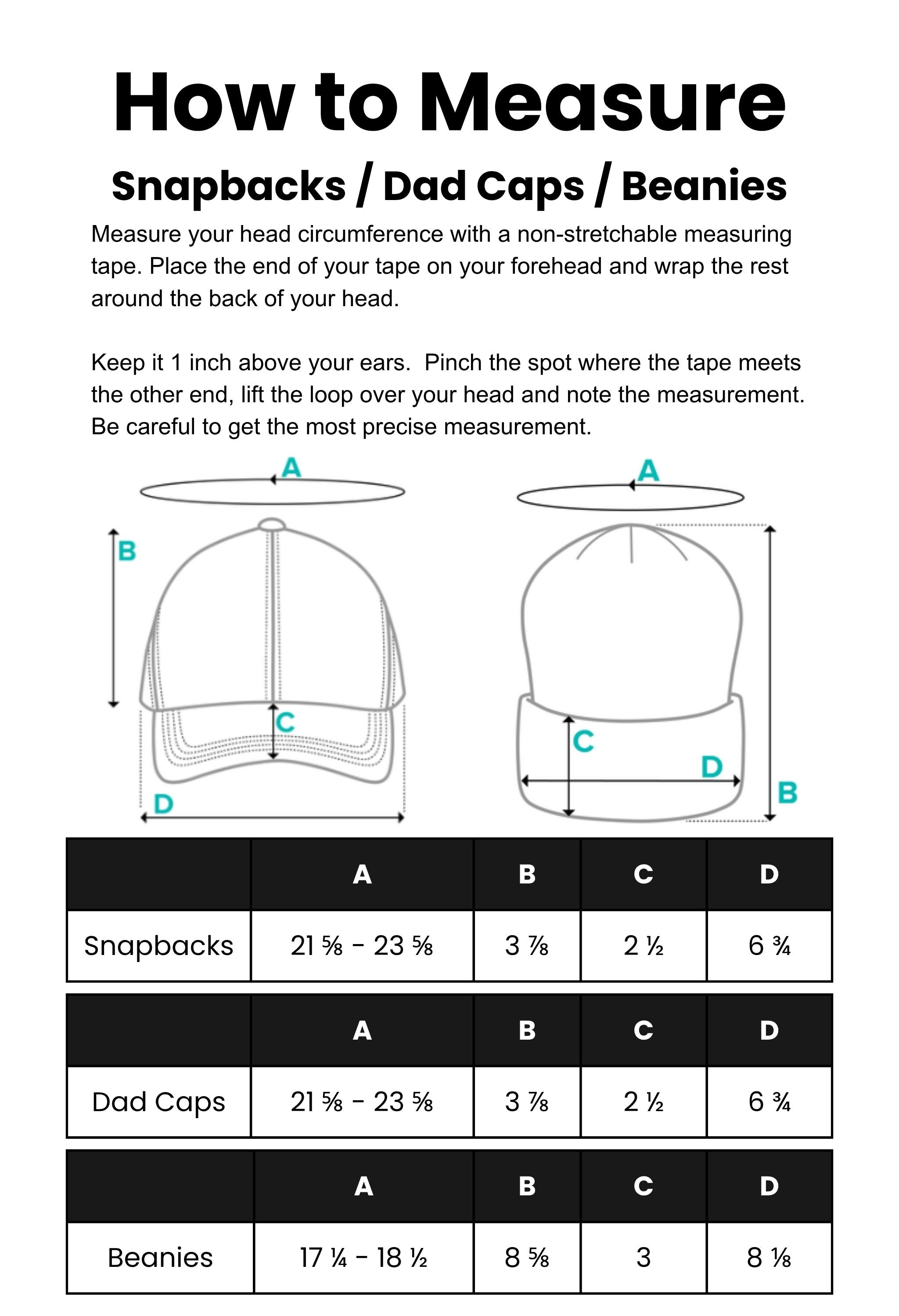 Instructions on how to measure snapbacks, dad caps, and beanies with diagrams and measurements.