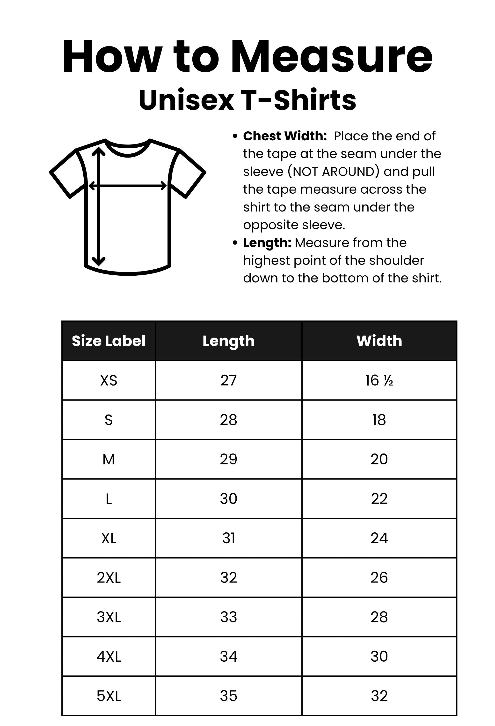 Sizing and measurement guidance for unisex t-shirts from Infidel Collective.