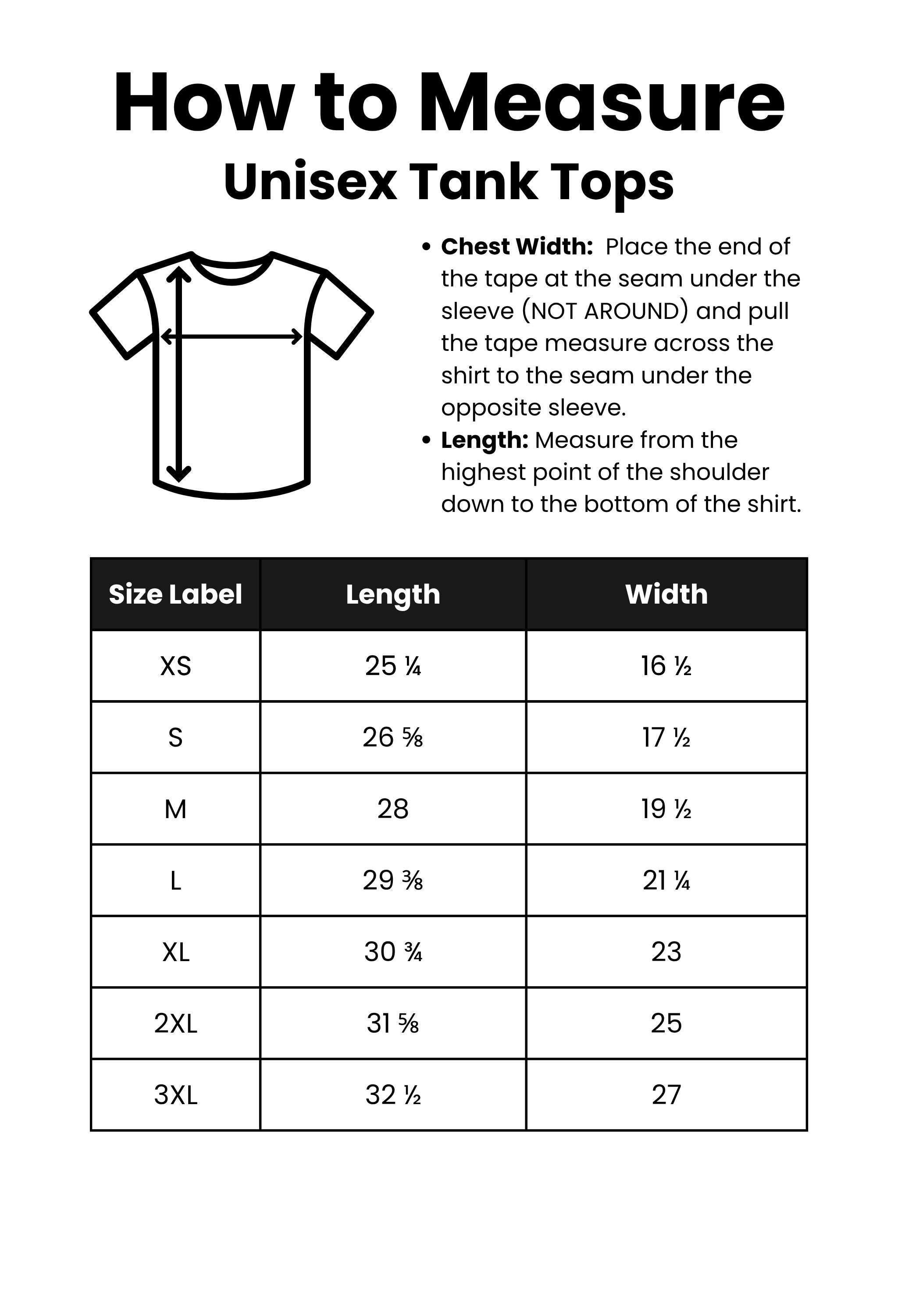 Measurement guide for unisex tank tops with a black and white diagram and size chart.