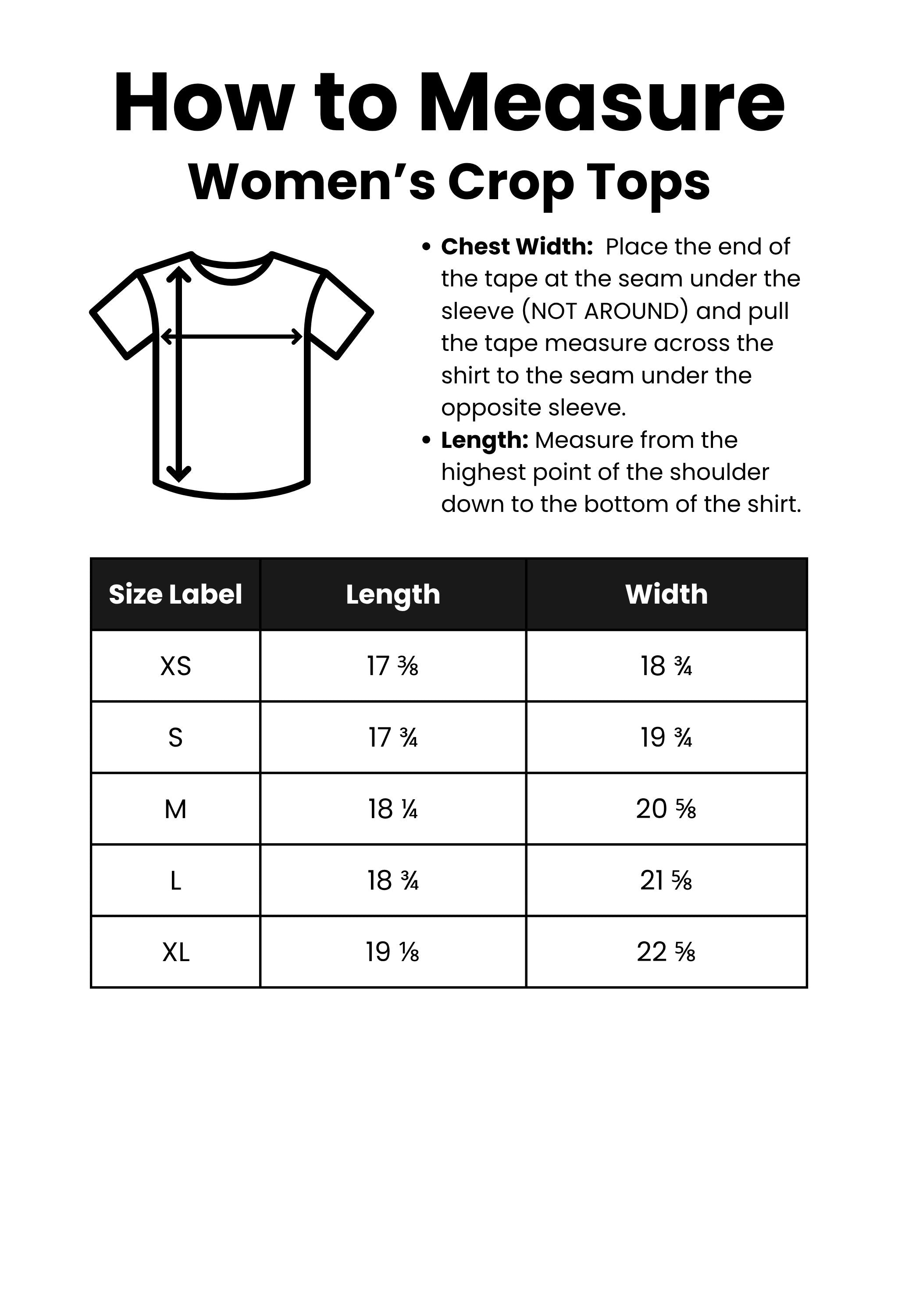Measurement guide for women's crop tops with a shirt icon and size chart.