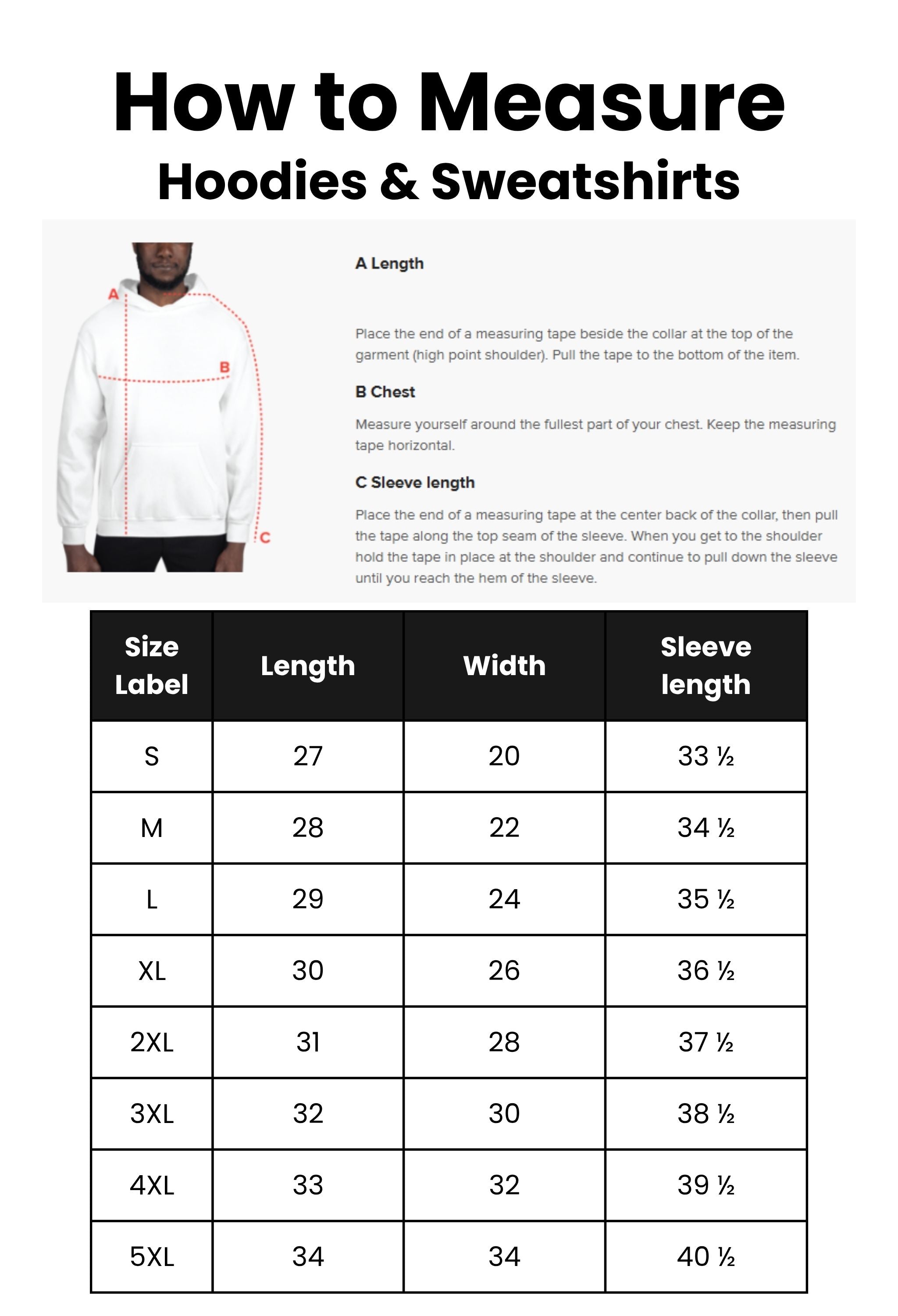 Measurement guide for hoodies and sweatshirts with a person wearing a white hoodie.