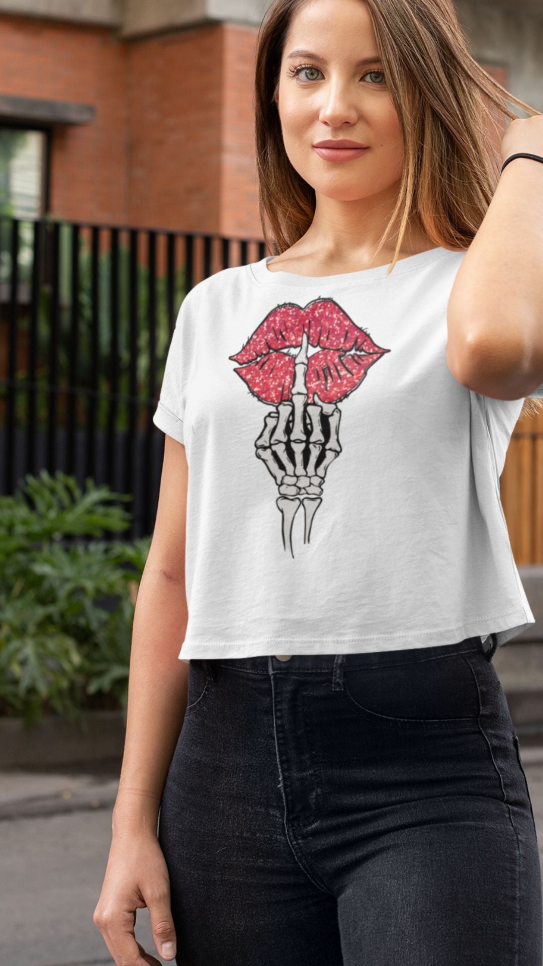 Crop Top  Crop Top NSFW – Skeleton Middle Finger Lips Graphic White Shirt Infidel Collective