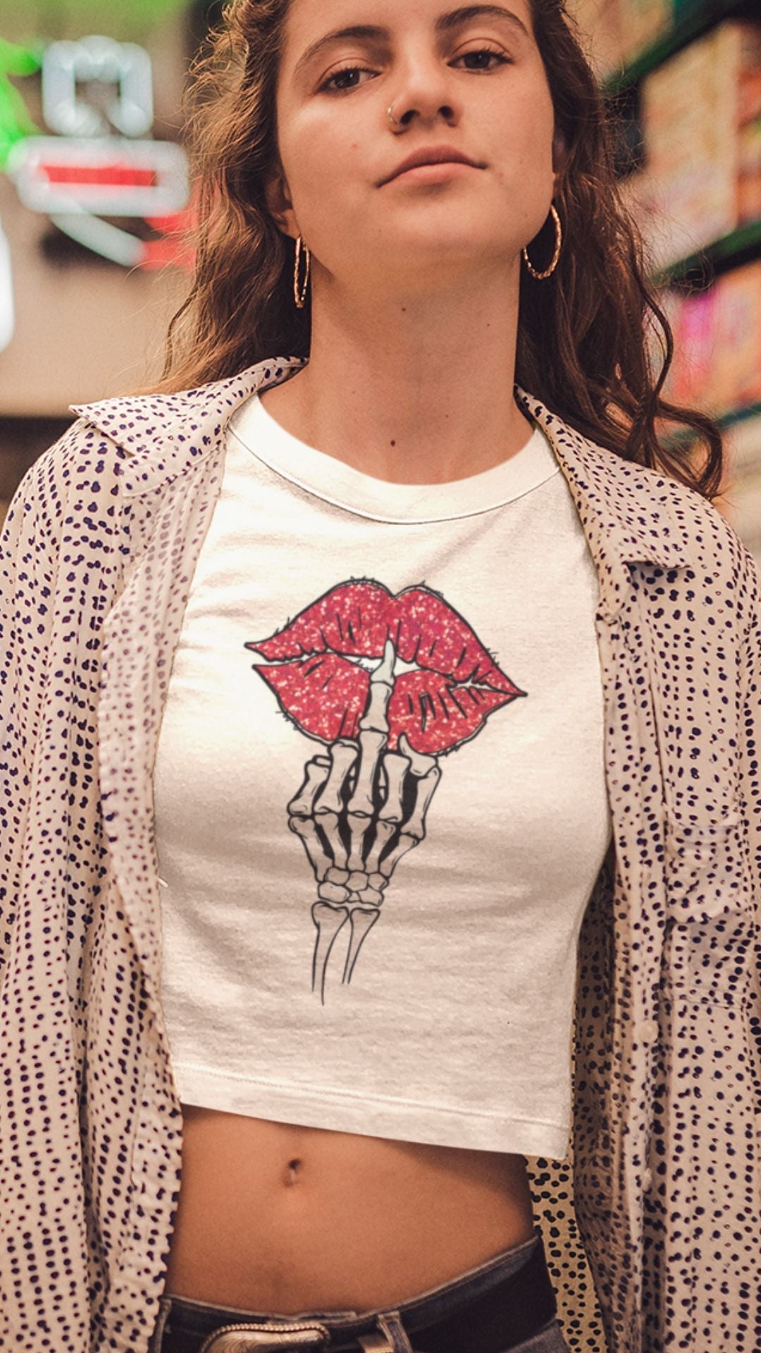 Crop Top  Crop Top NSFW – Skeleton Middle Finger Lips Graphic White Shirt Infidel Collective