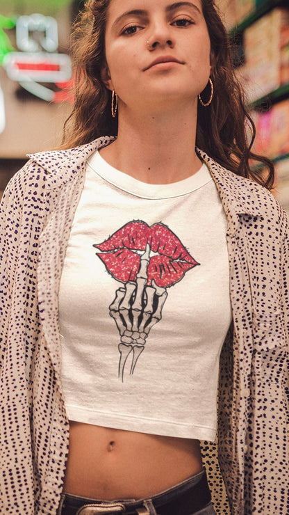 Crop Top  Crop Top NSFW – Skeleton Middle Finger Lips Graphic White Shirt Infidel Collective