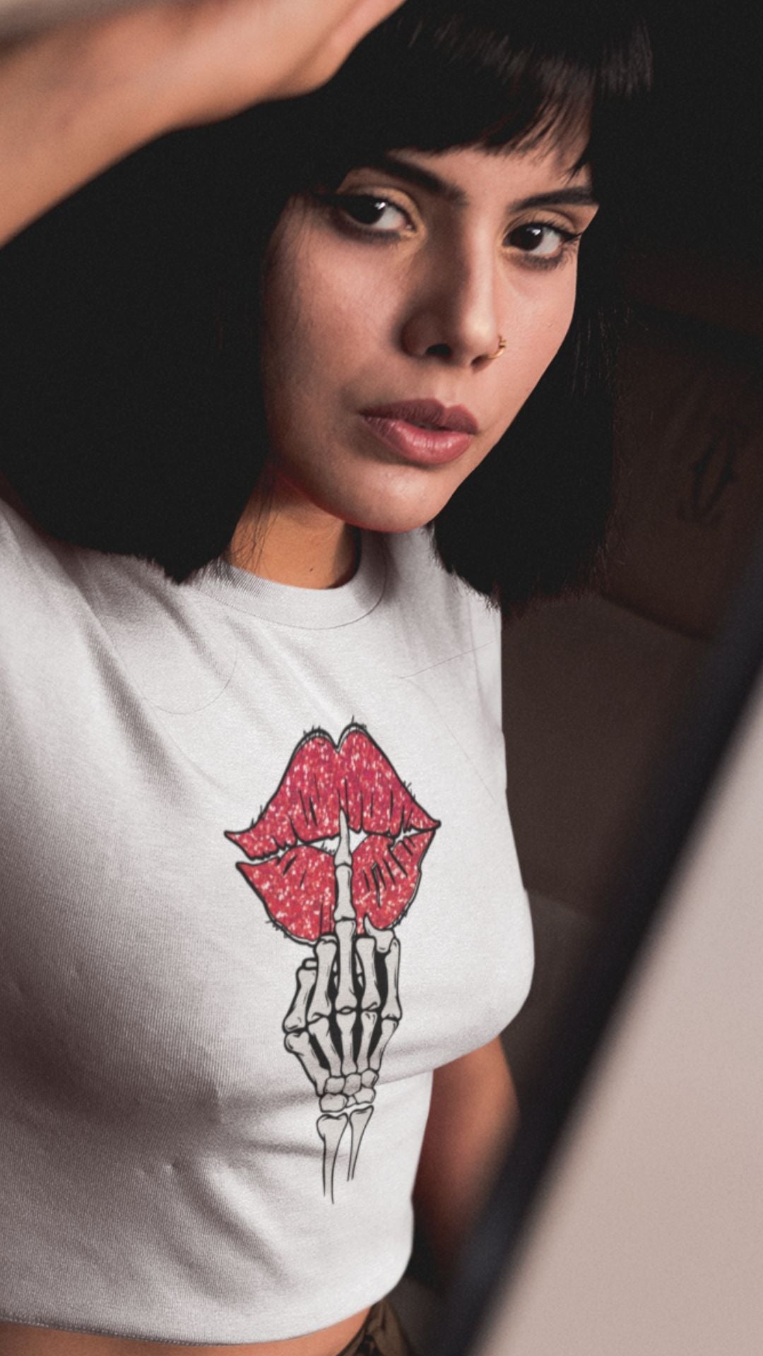 Crop Top  Crop Top NSFW – Skeleton Middle Finger Lips Graphic White Shirt Infidel Collective