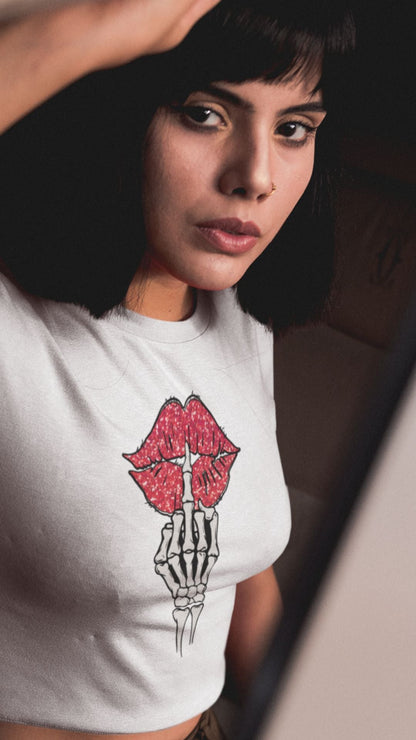 Crop Top  Crop Top NSFW – Skeleton Middle Finger Lips Graphic White Shirt Infidel Collective