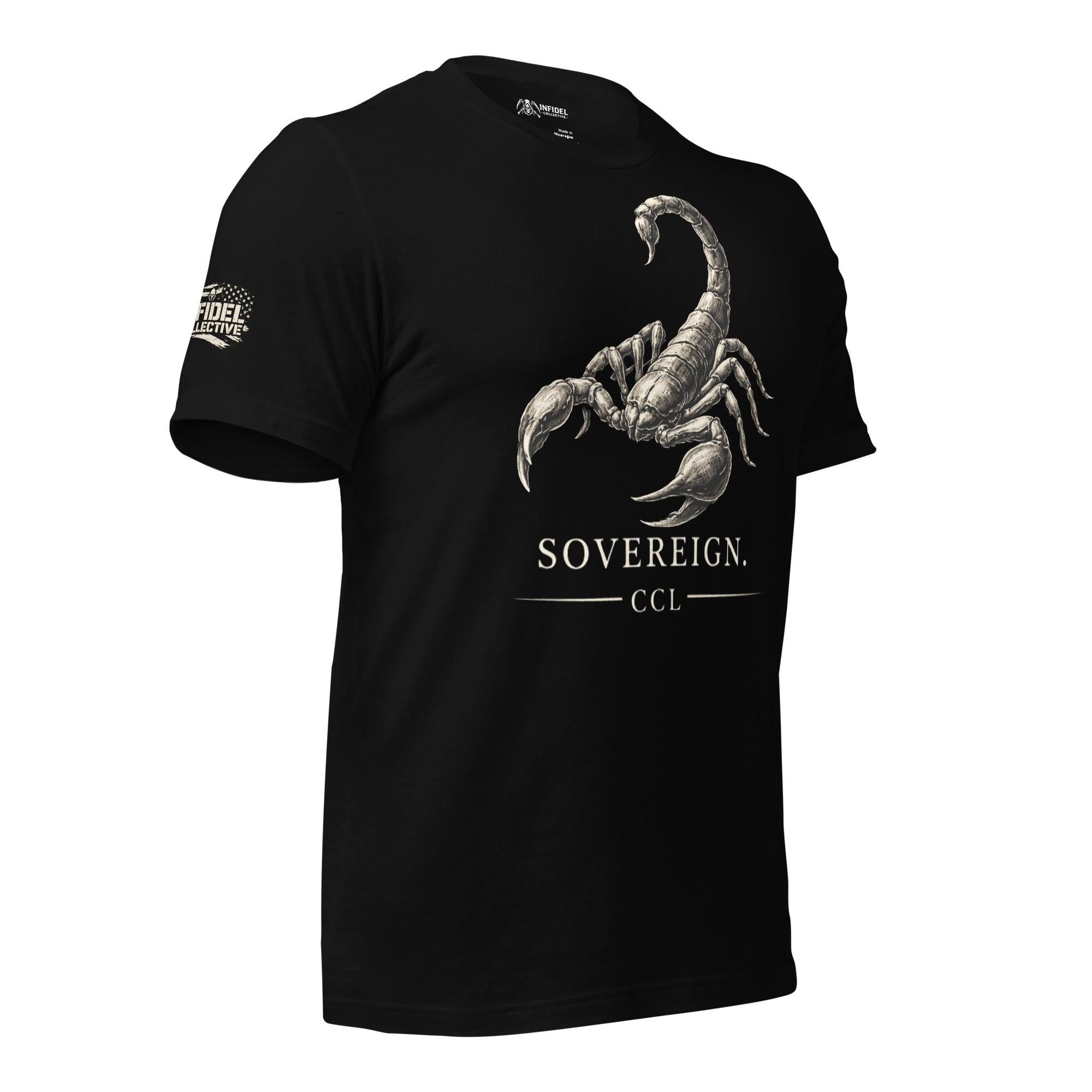 Sovereign CCL front print tee with detailed scorpion graphic and text on black shirt