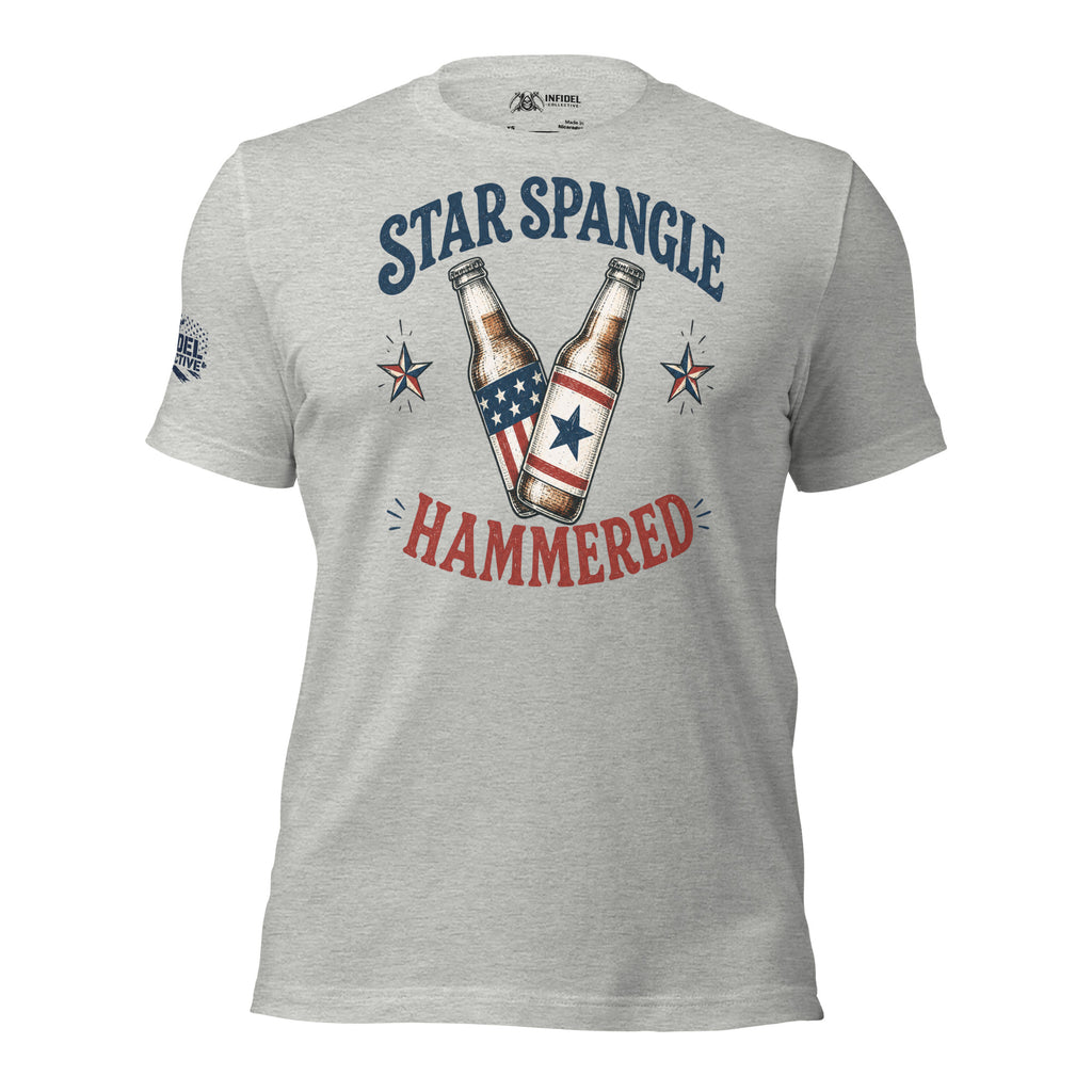 Star Spangle Hammered front print graphic on athletic heather tee featuring two patriotic beer bottles with red white and blue stars