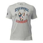 Star Spangle Hammered front print graphic on athletic heather tee featuring two patriotic beer bottles with red white and blue stars