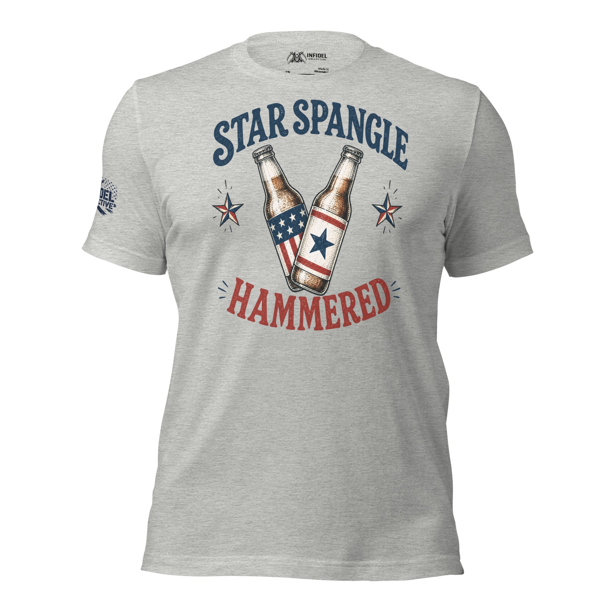 Star Spangle Hammered front print graphic on athletic heather tee featuring two patriotic beer bottles with red white and blue stars