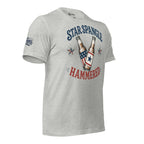 Star Spangle Hammered front print graphic on athletic heather tee featuring two patriotic beer bottles with red white and blue stars