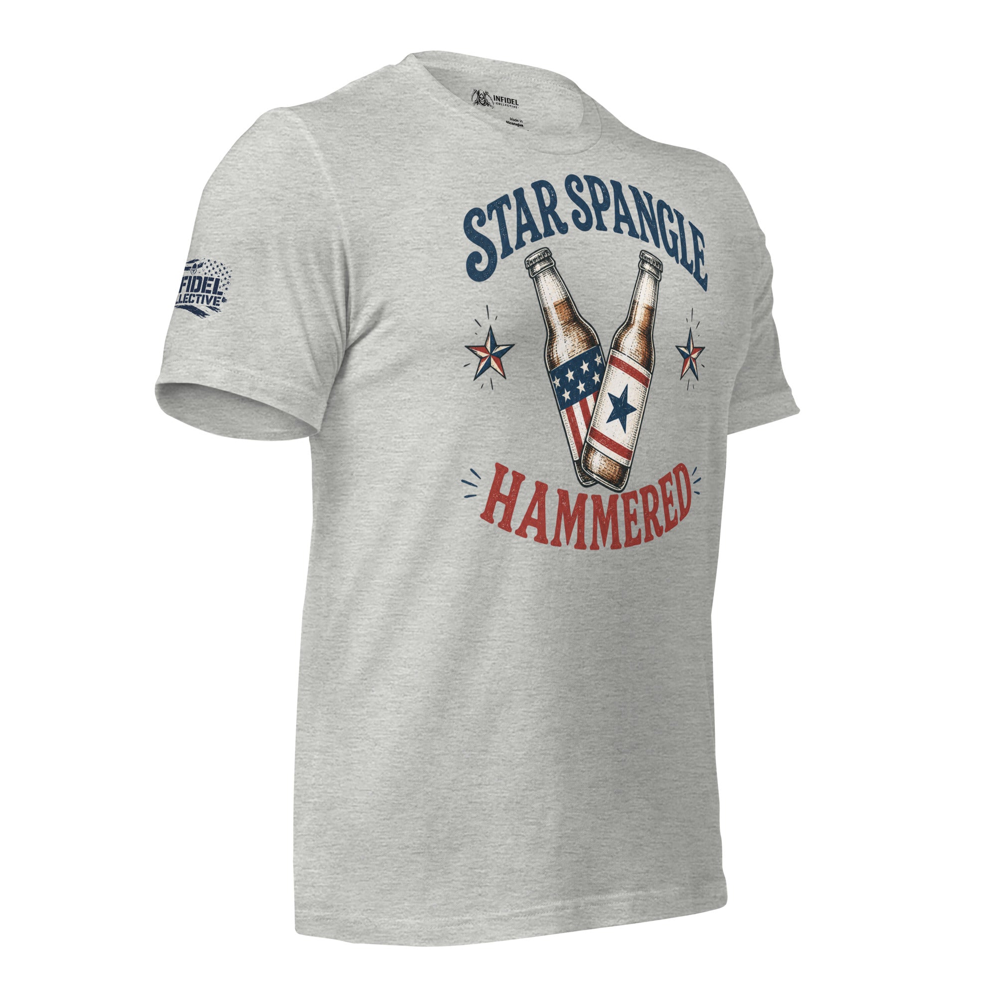 Star Spangle Hammered front print graphic on athletic heather tee featuring two patriotic beer bottles with red white and blue stars
