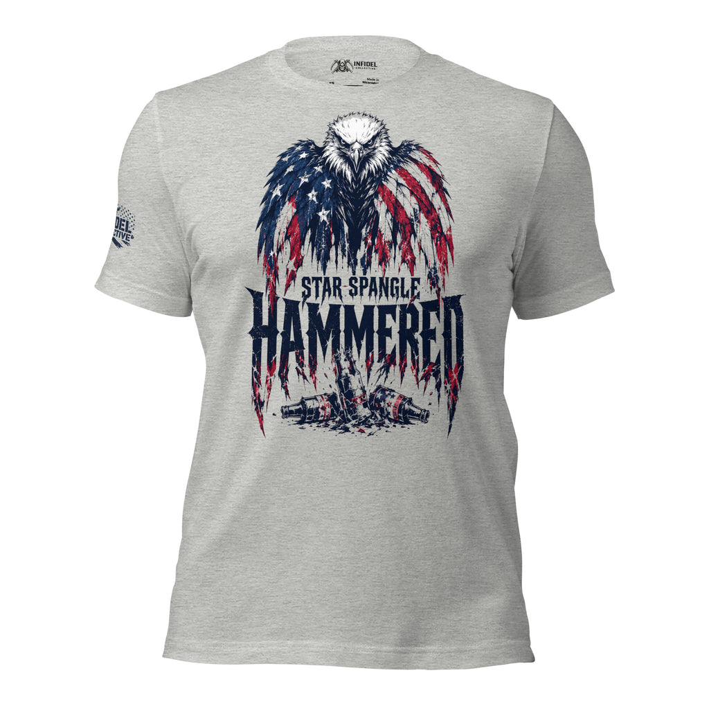 Star Spangle Hammered front print graphic on athletic heather tee featuring a bald eagle draped in an American flag above distressed lettering and broken beer bottles