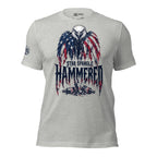Star Spangle Hammered front print graphic on athletic heather tee featuring a bald eagle draped in an American flag above distressed lettering and broken beer bottles
