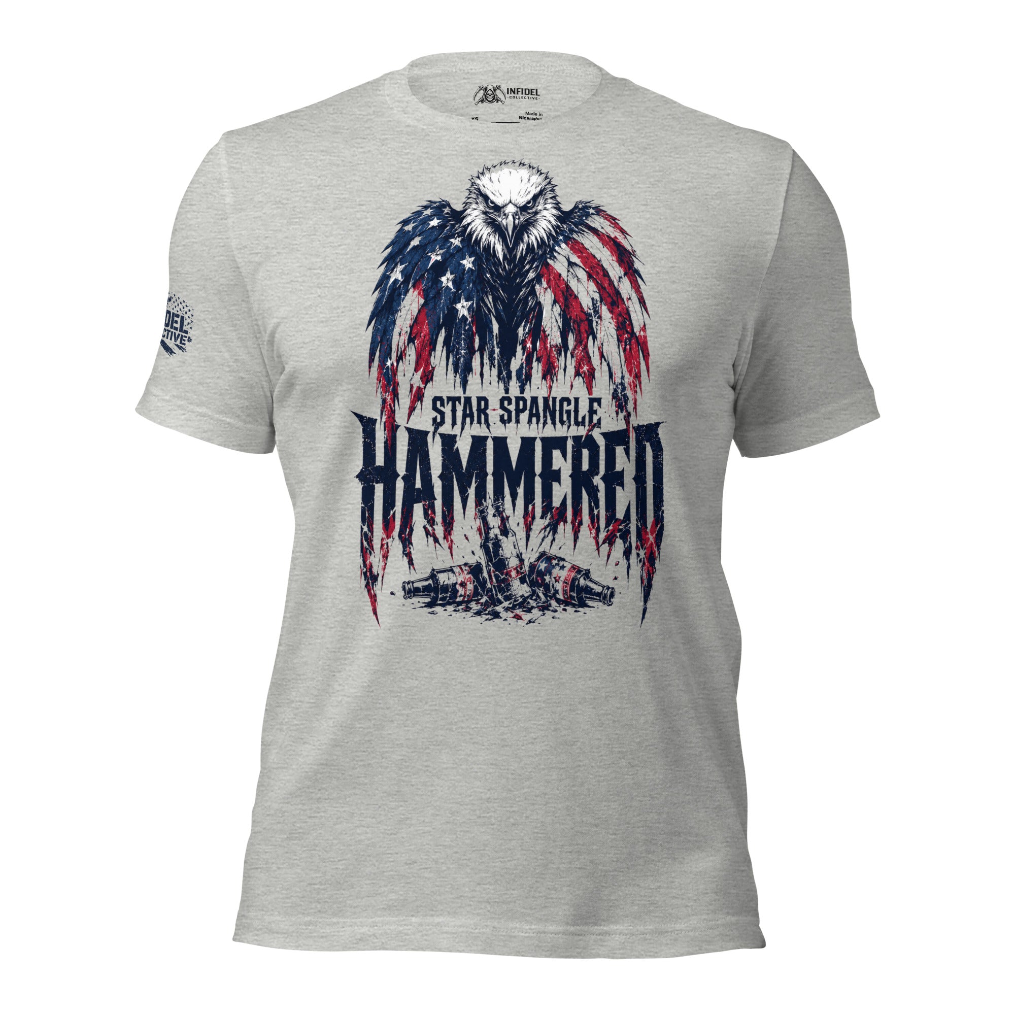 Star Spangle Hammered front print graphic on athletic heather tee featuring a bald eagle draped in an American flag above distressed lettering and broken beer bottles