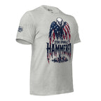 Star Spangle Hammered front print graphic on athletic heather tee featuring a bald eagle draped in an American flag above distressed lettering and broken beer bottles