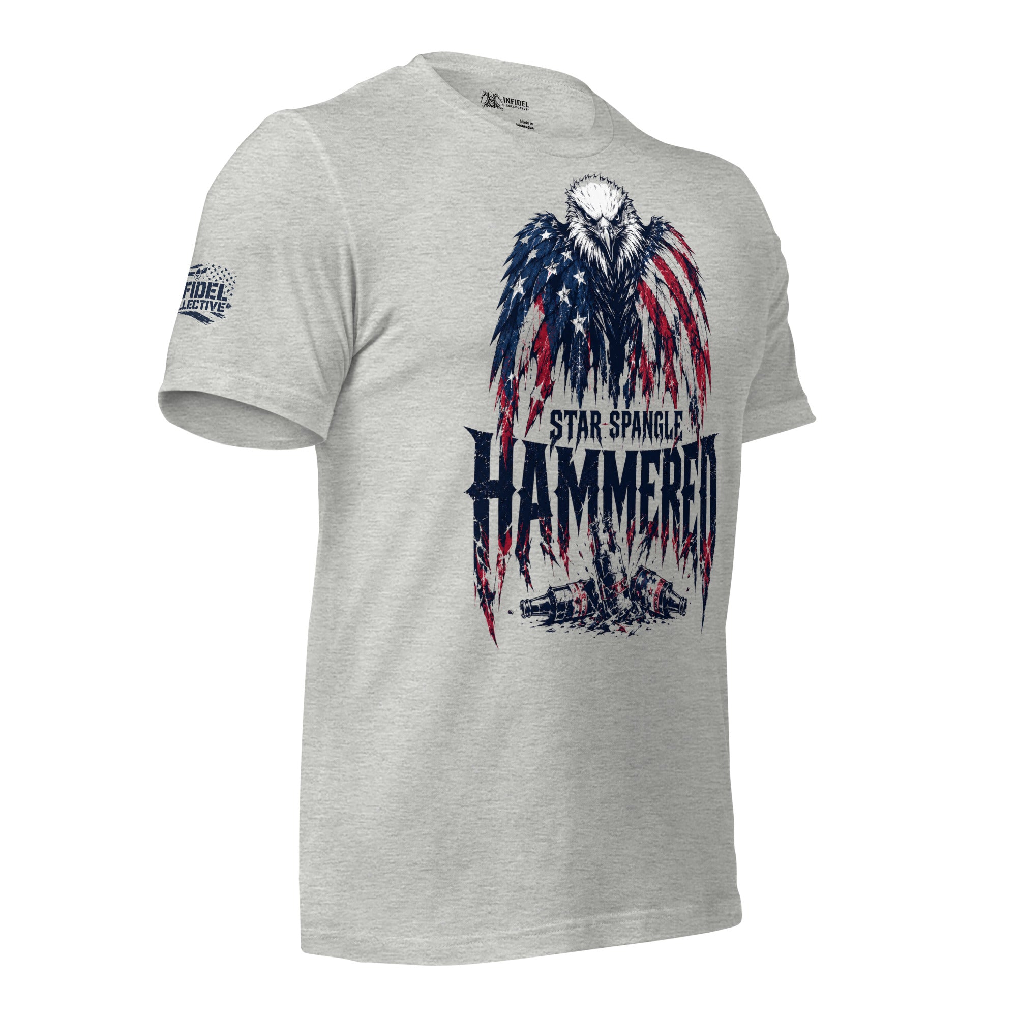 Star Spangle Hammered front print graphic on athletic heather tee featuring a bald eagle draped in an American flag above distressed lettering and broken beer bottles