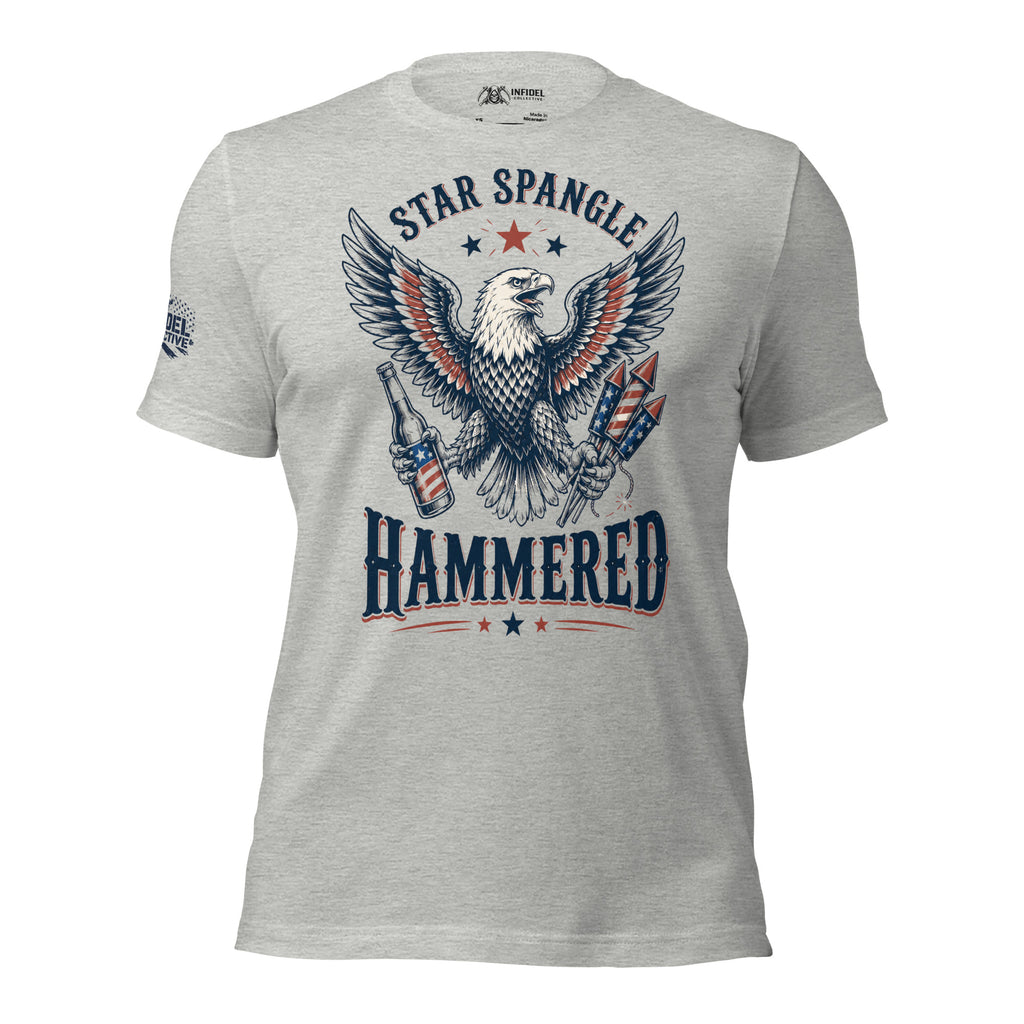 Star Spangle Hammered front print graphic on athletic heather tee featuring a bald eagle holding a beer bottle and patriotic fireworks rockets