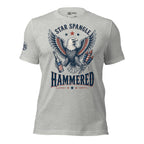 Star Spangle Hammered front print graphic on athletic heather tee featuring a bald eagle holding a beer bottle and patriotic fireworks rockets