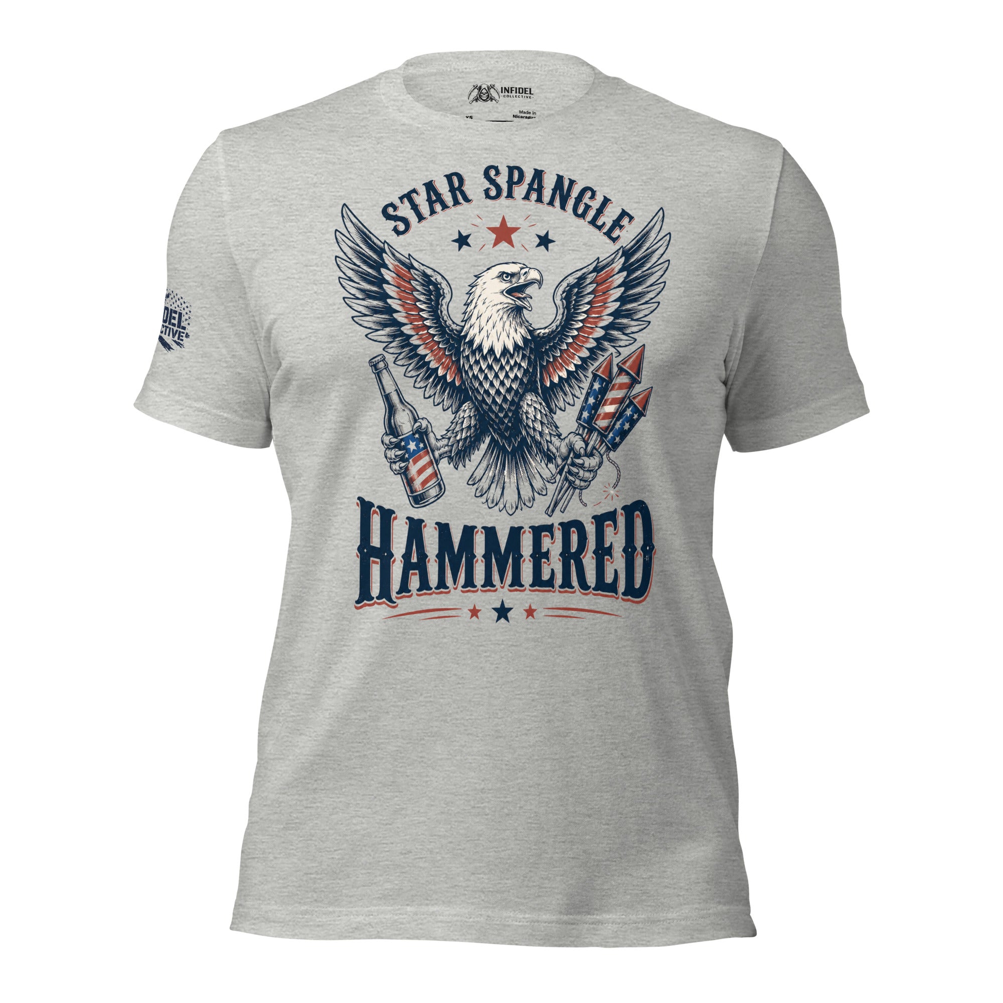 Star Spangle Hammered front print graphic on athletic heather tee featuring a bald eagle holding a beer bottle and patriotic fireworks rockets