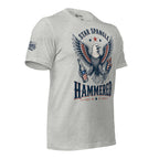 Star Spangle Hammered front print graphic on athletic heather tee featuring a bald eagle holding a beer bottle and patriotic fireworks rockets