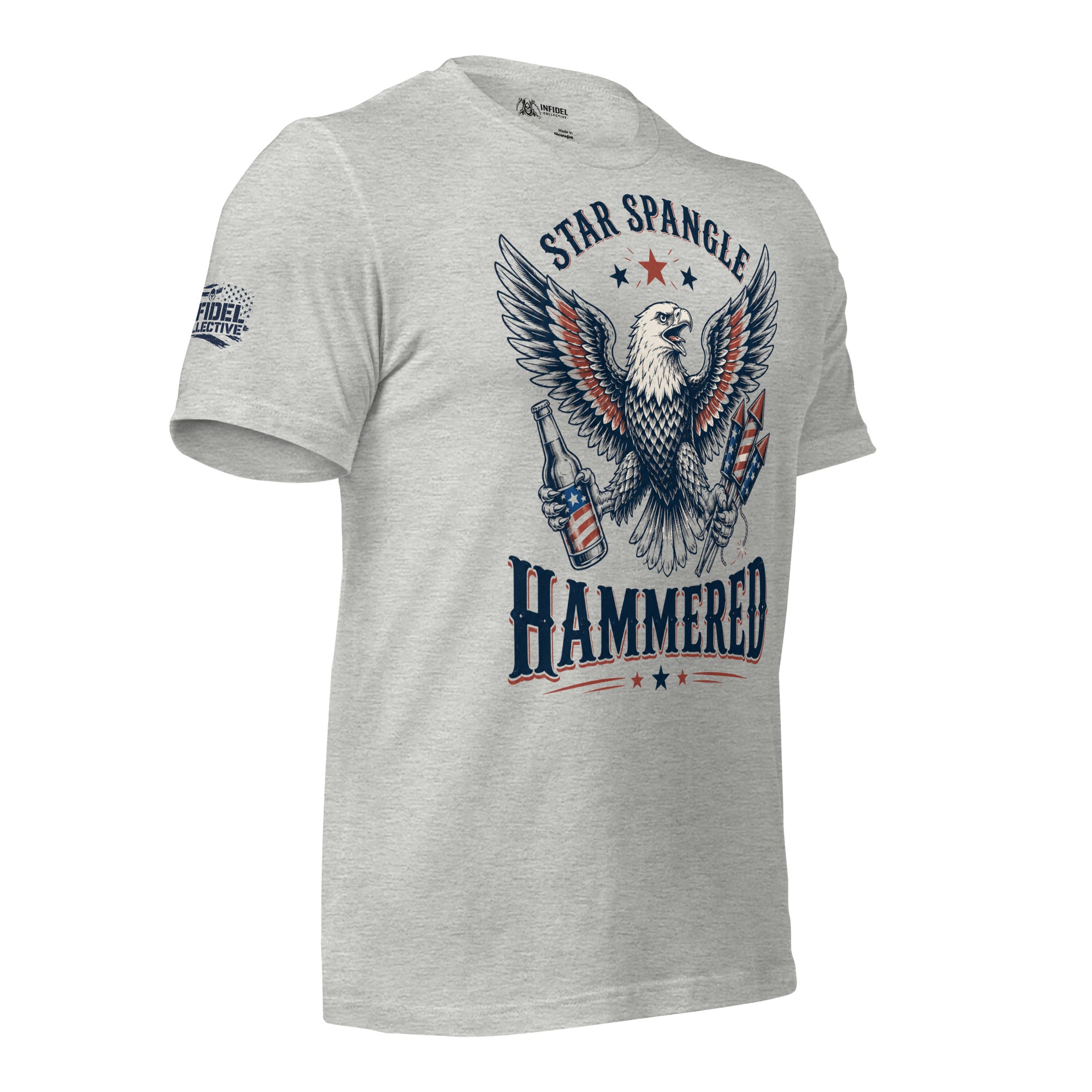 Star Spangle Hammered front print graphic on athletic heather tee featuring a bald eagle holding a beer bottle and patriotic fireworks rockets