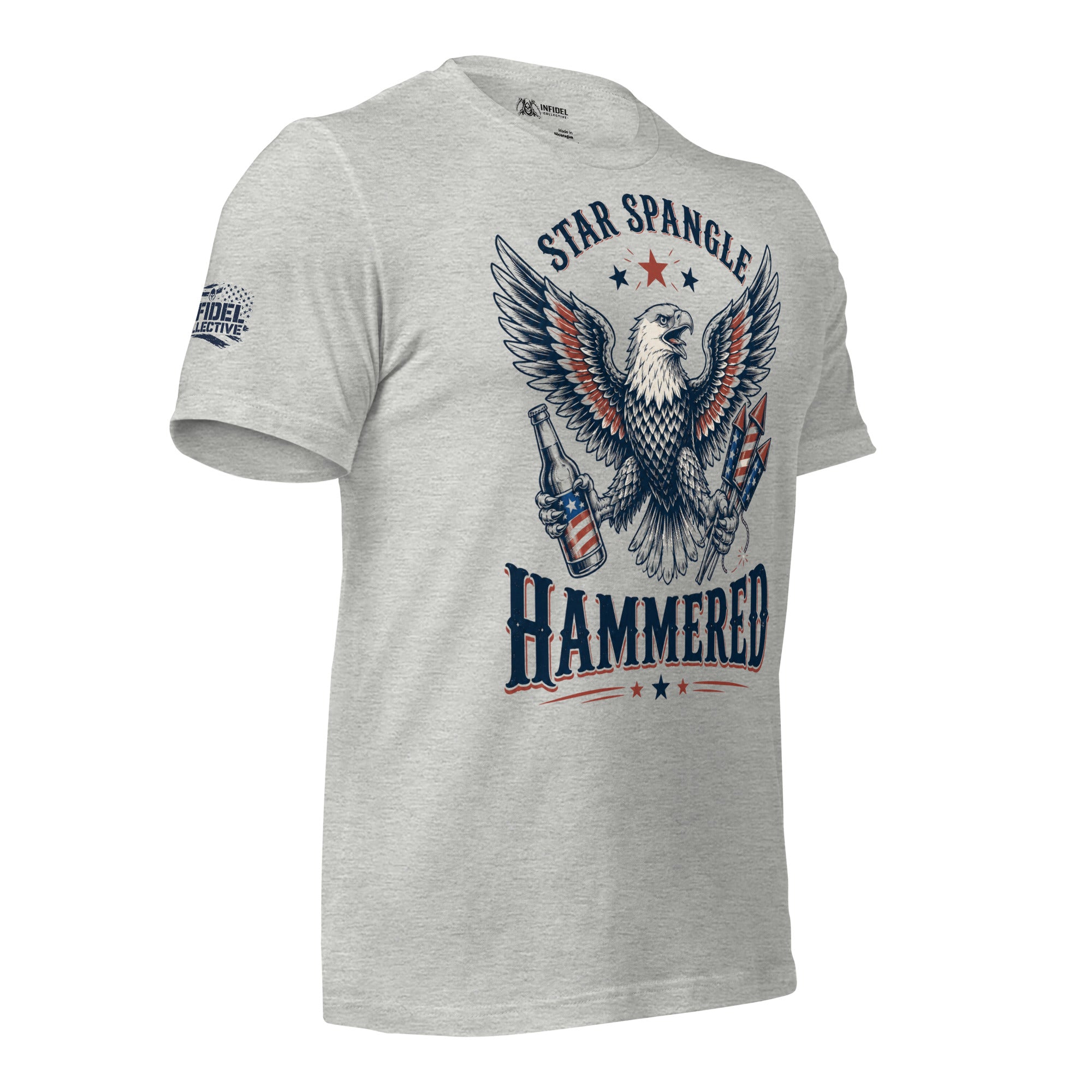 Star Spangle Hammered front print graphic on athletic heather tee featuring a bald eagle holding a beer bottle and patriotic fireworks rockets