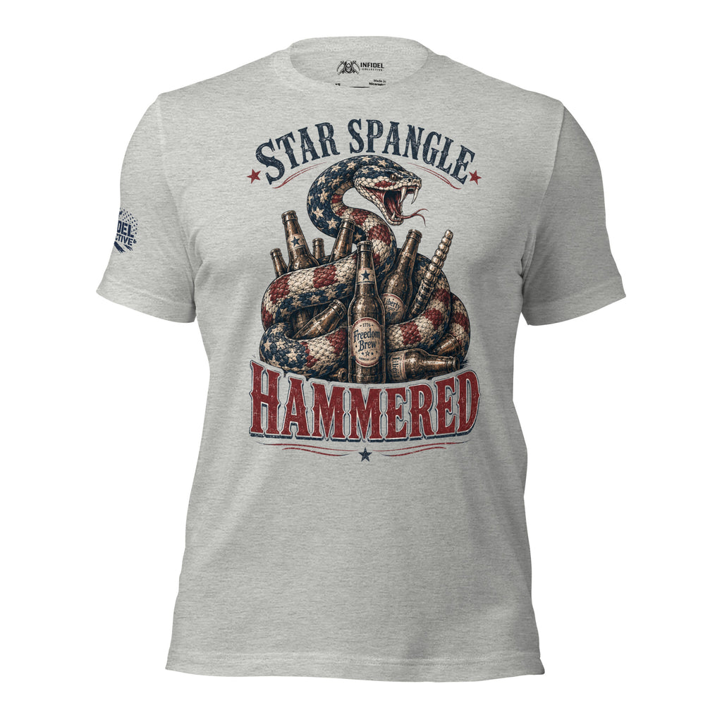 Star Spangle Hammered front print graphic on athletic heather tee featuring a patriotic rattlesnake coiled around beer bottles with distressed red white and blue artwork