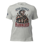 Star Spangle Hammered front print graphic on athletic heather tee featuring a patriotic rattlesnake coiled around beer bottles with distressed red white and blue artwork
