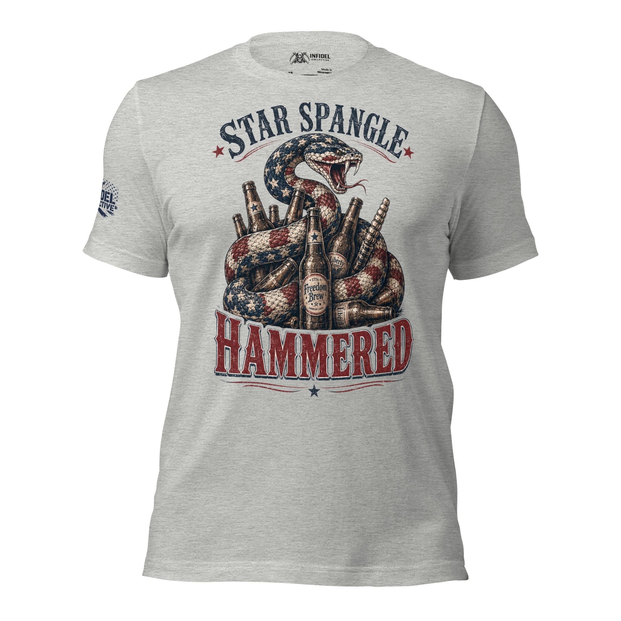 Star Spangle Hammered front print graphic on athletic heather tee featuring a patriotic rattlesnake coiled around beer bottles with distressed red white and blue artwork