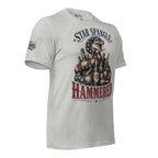 Star Spangle Hammered front print graphic on athletic heather tee featuring a patriotic rattlesnake coiled around beer bottles with distressed red white and blue artwork