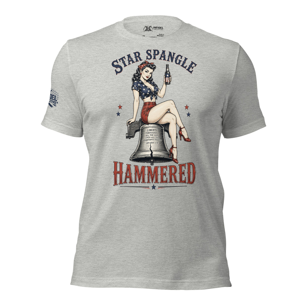 Star Spangle Hammered front print graphic on athletic heather tee featuring a patriotic pin-up woman sitting on the Liberty Bell holding a beer bottle