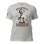 Star Spangle Hammered front print graphic on athletic heather tee featuring a patriotic pin-up woman sitting on the Liberty Bell holding a beer bottle