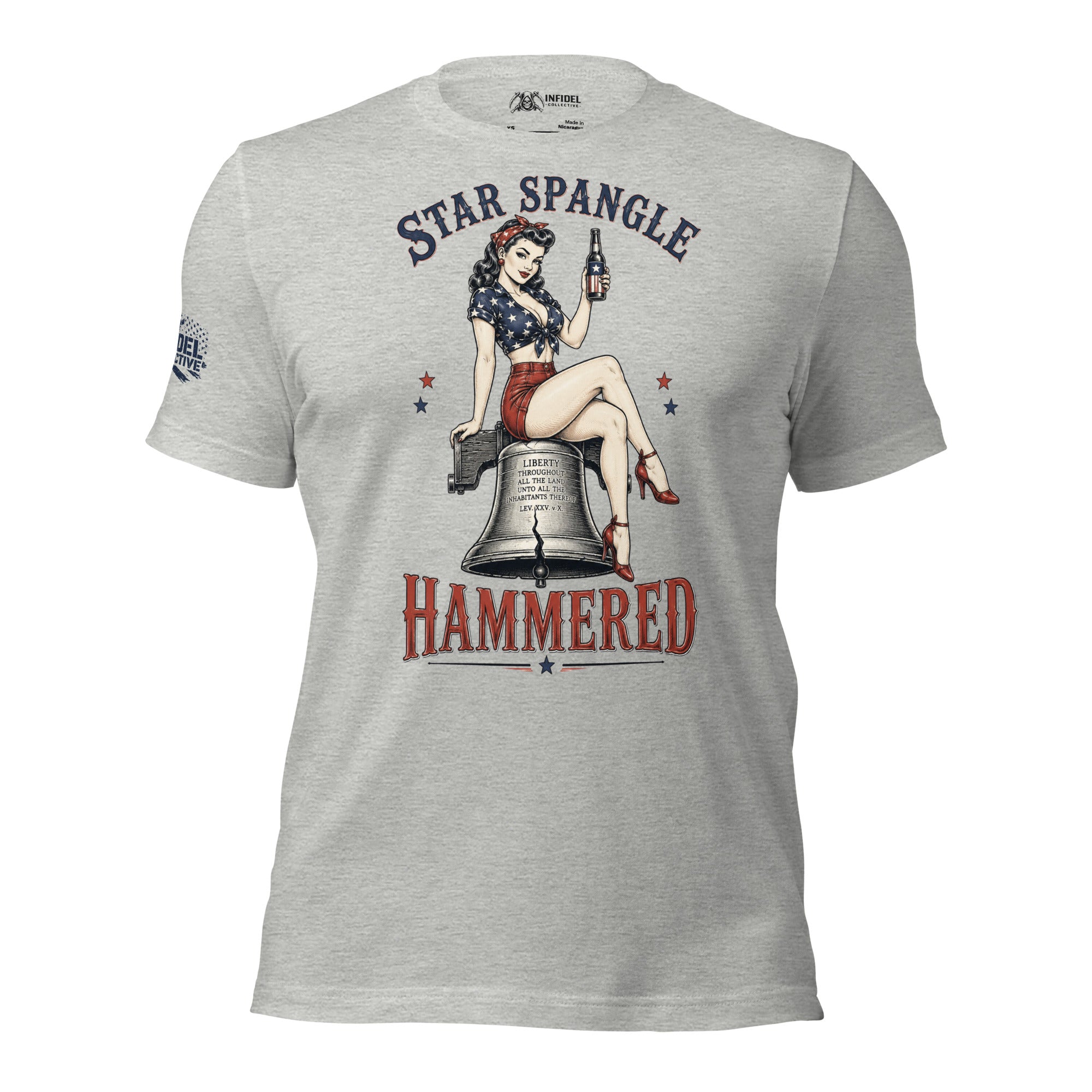 Star Spangle Hammered front print graphic on athletic heather tee featuring a patriotic pin-up woman sitting on the Liberty Bell holding a beer bottle