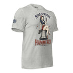 Star Spangle Hammered front print graphic on athletic heather tee featuring a patriotic pin-up woman sitting on the Liberty Bell holding a beer bottle
