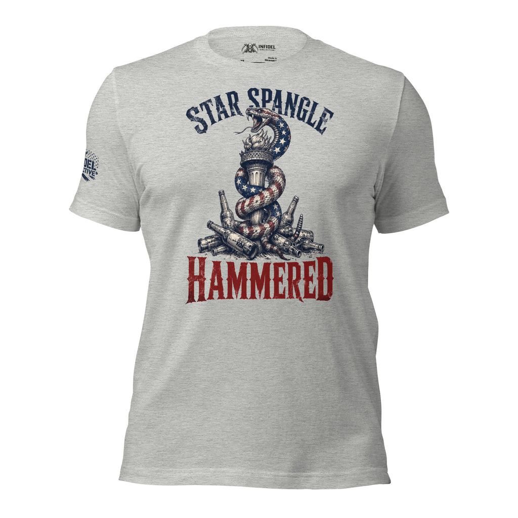 Star Spangle Hammered front print graphic on athletic heather tee featuring a patriotic rattlesnake wrapped around the Statue of Liberty torch with beer bottles