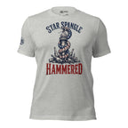 Star Spangle Hammered front print graphic on athletic heather tee featuring a patriotic rattlesnake wrapped around the Statue of Liberty torch with beer bottles