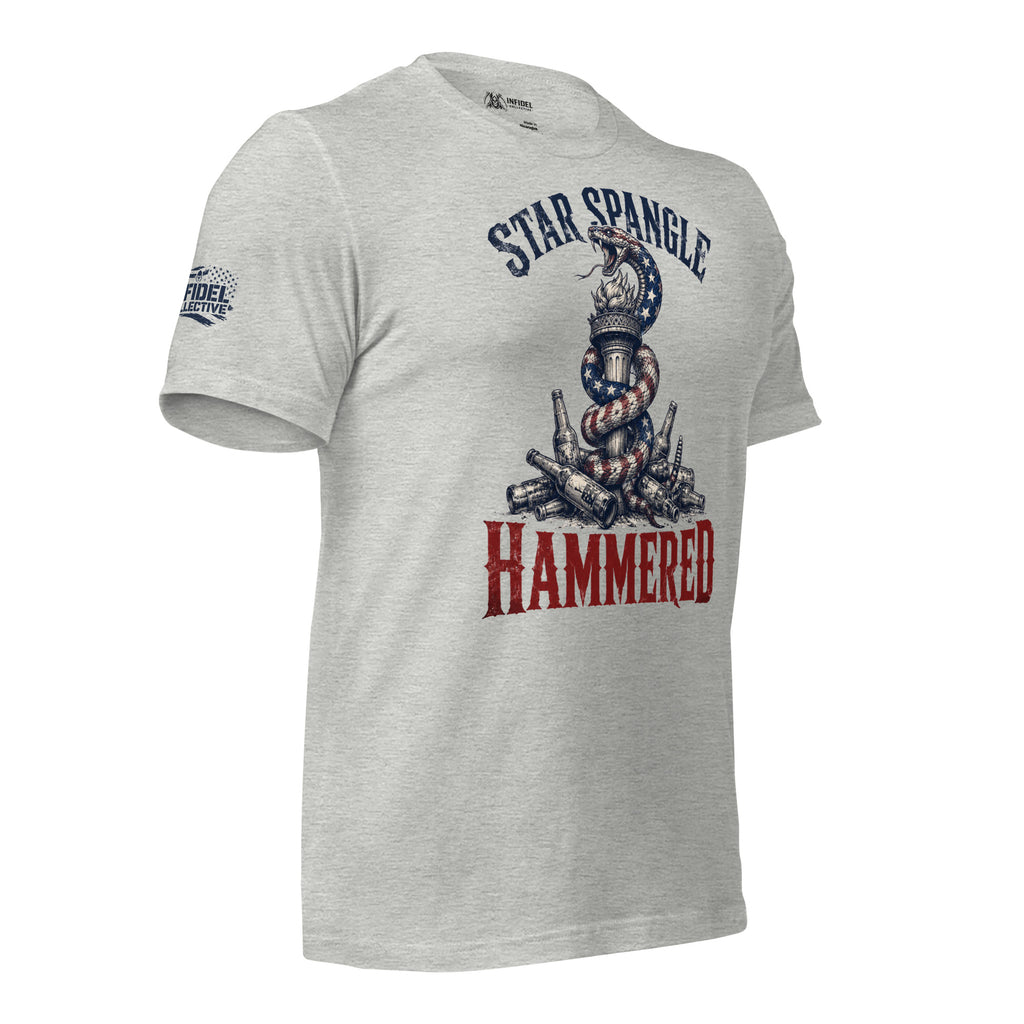 Star Spangle Hammered front print graphic on athletic heather tee featuring a patriotic rattlesnake wrapped around the Statue of Liberty torch with beer bottles