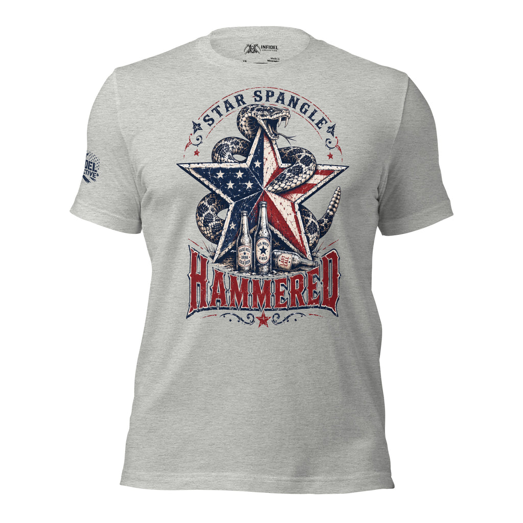 Star Spangle Hammered front print graphic on athletic heather tee featuring a rattlesnake wrapped around a patriotic star with beer bottles