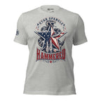 Star Spangle Hammered front print graphic on athletic heather tee featuring a rattlesnake wrapped around a patriotic star with beer bottles