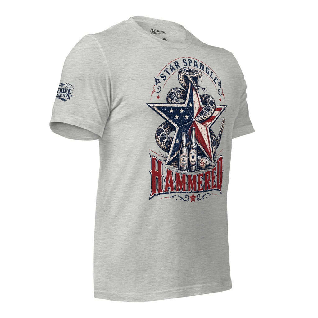 Star Spangle Hammered front print graphic on athletic heather tee featuring a rattlesnake wrapped around a patriotic star with beer bottles