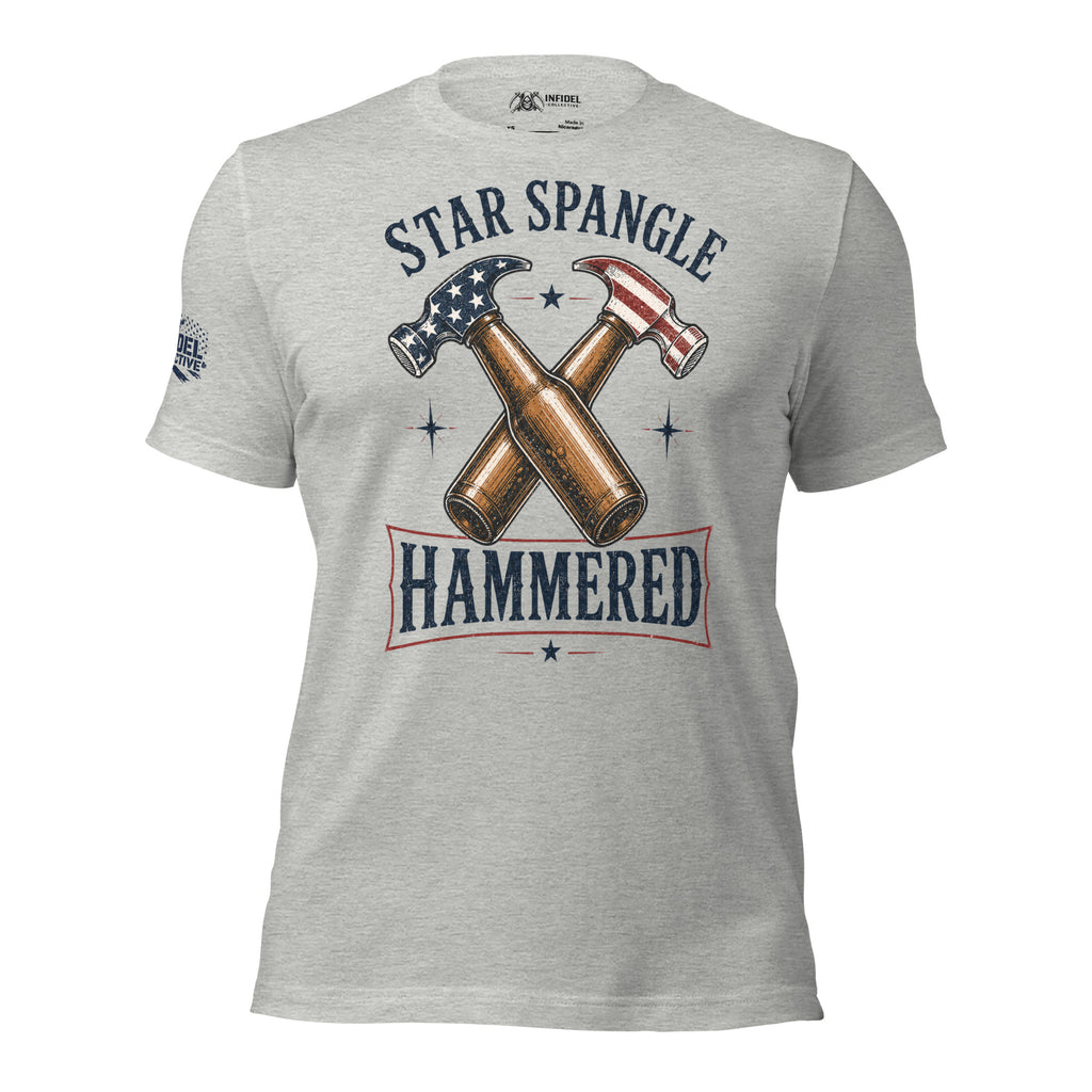 Star Spangle Hammered front print graphic on athletic heather tee featuring crossed beer bottles and American flag hammers