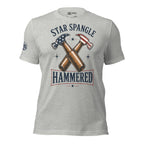 Star Spangle Hammered front print graphic on athletic heather tee featuring crossed beer bottles and American flag hammers