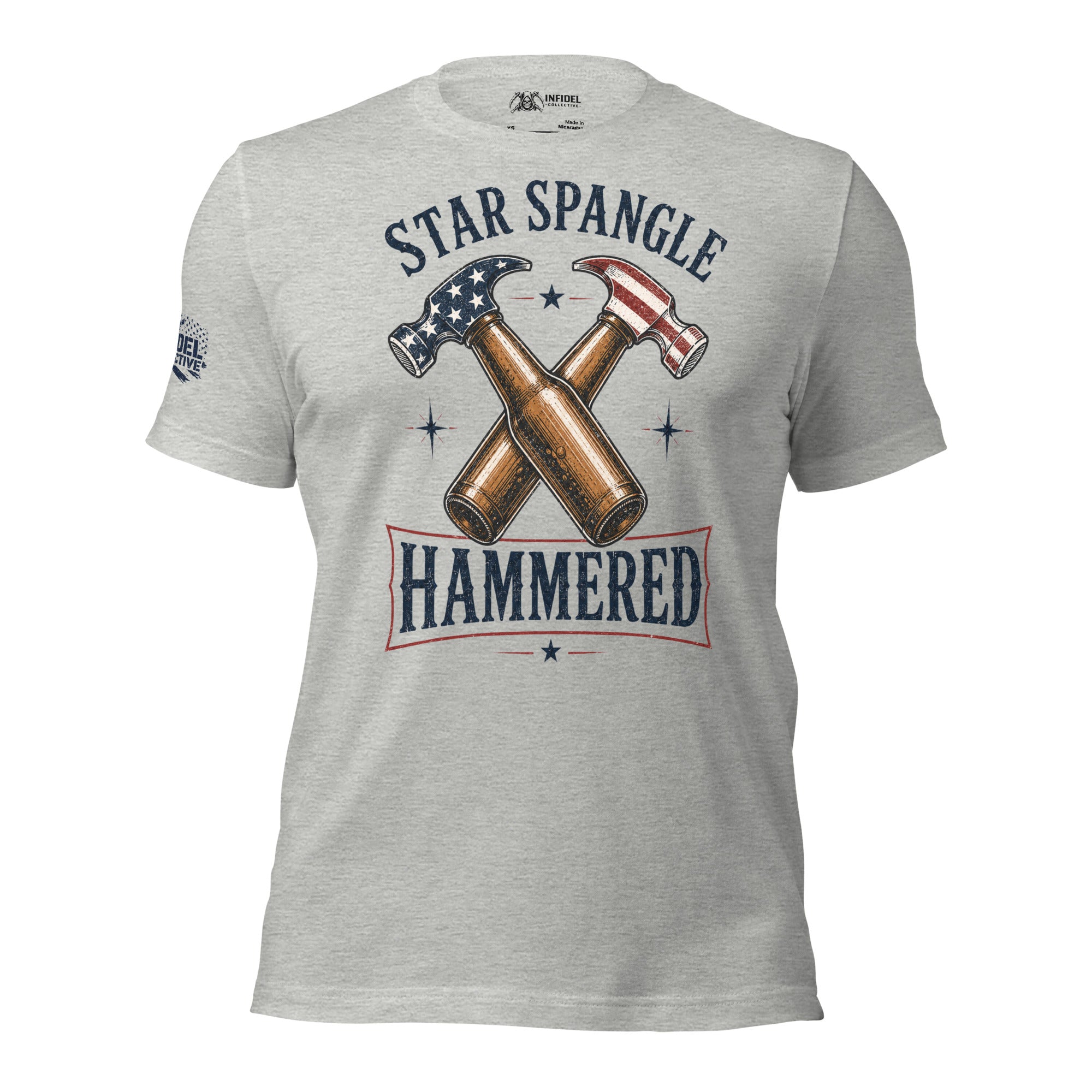 Star Spangle Hammered front print graphic on athletic heather tee featuring crossed beer bottles and American flag hammers