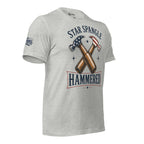 Star Spangle Hammered front print graphic on athletic heather tee featuring crossed beer bottles and American flag hammers