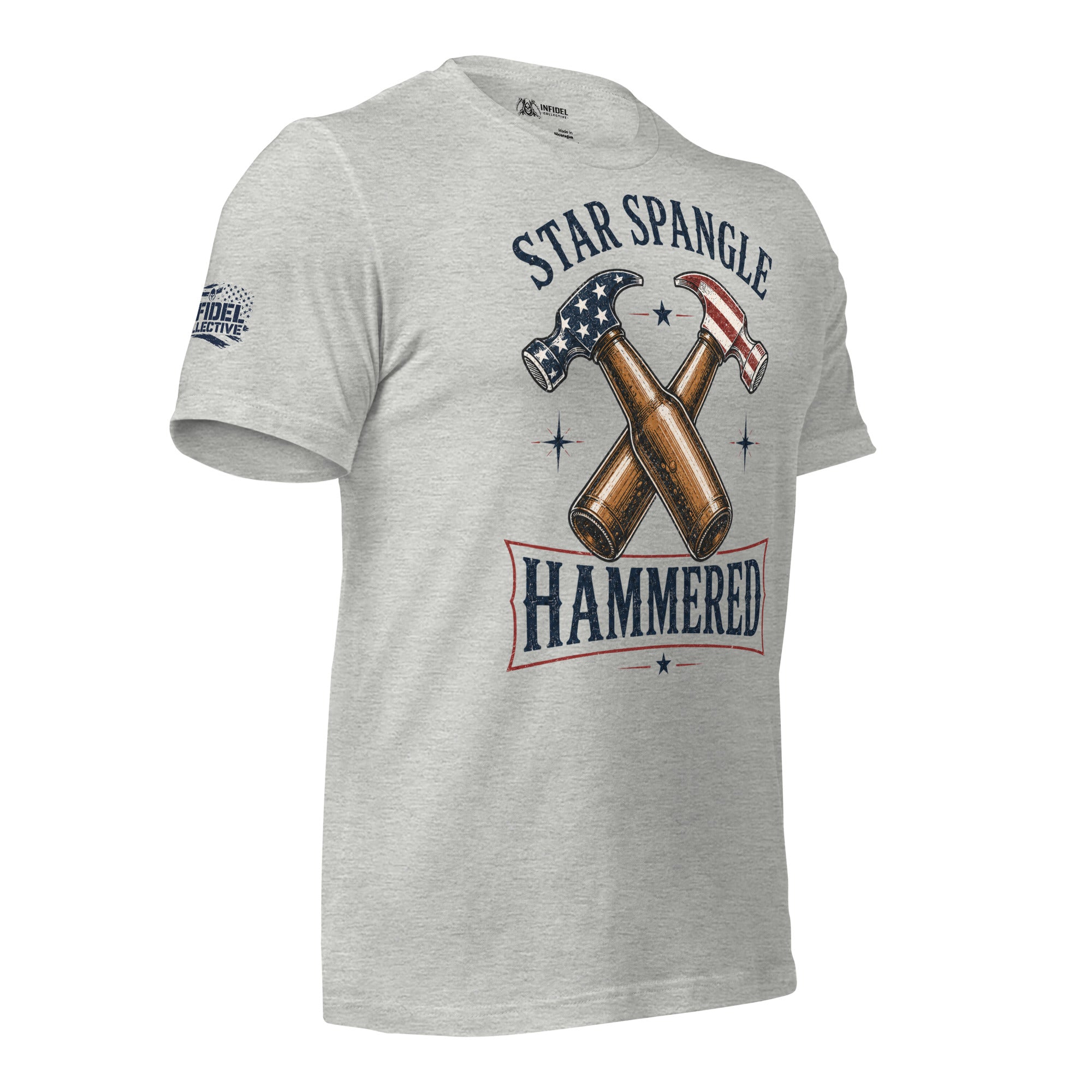 Star Spangle Hammered front print graphic on athletic heather tee featuring crossed beer bottles and American flag hammers
