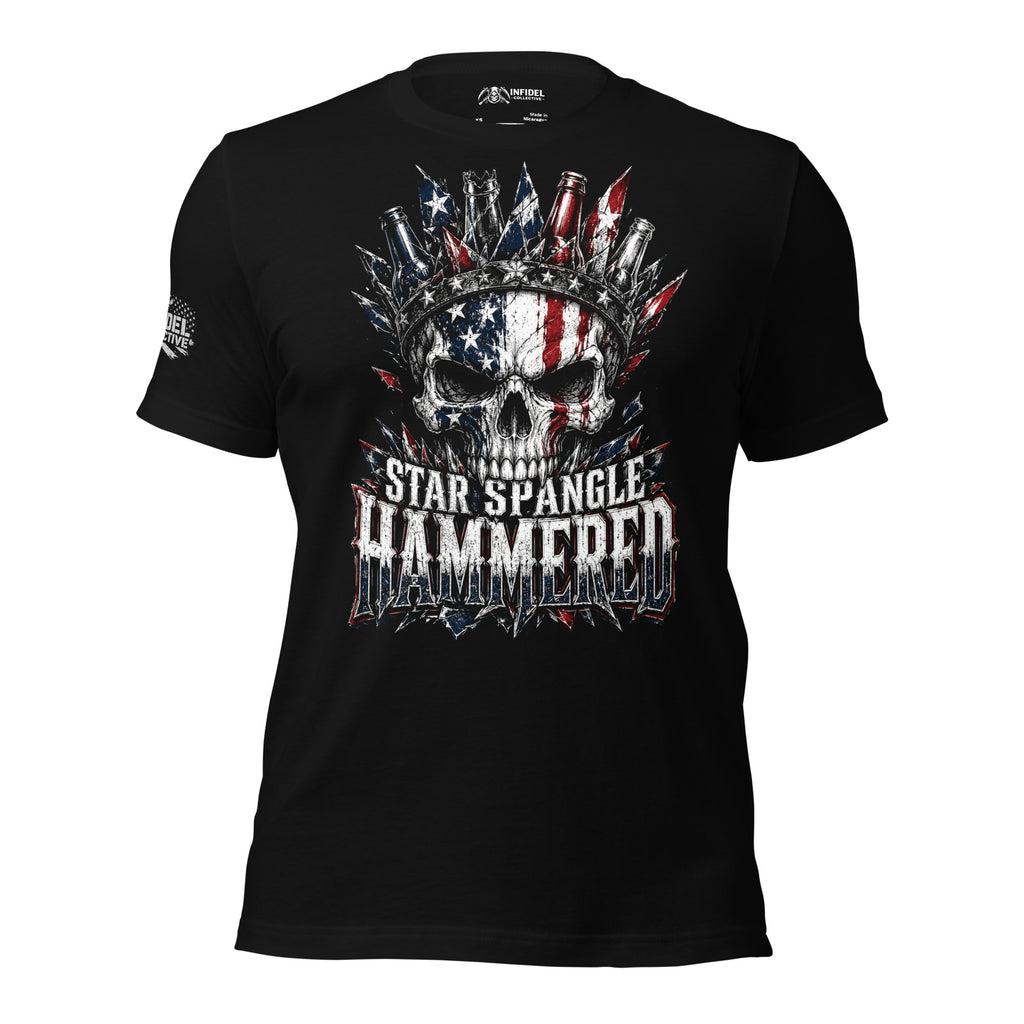 Star Spangle Hammered front print graphic on black tee featuring an American flag skull with bottle cap crown and distressed patriotic design