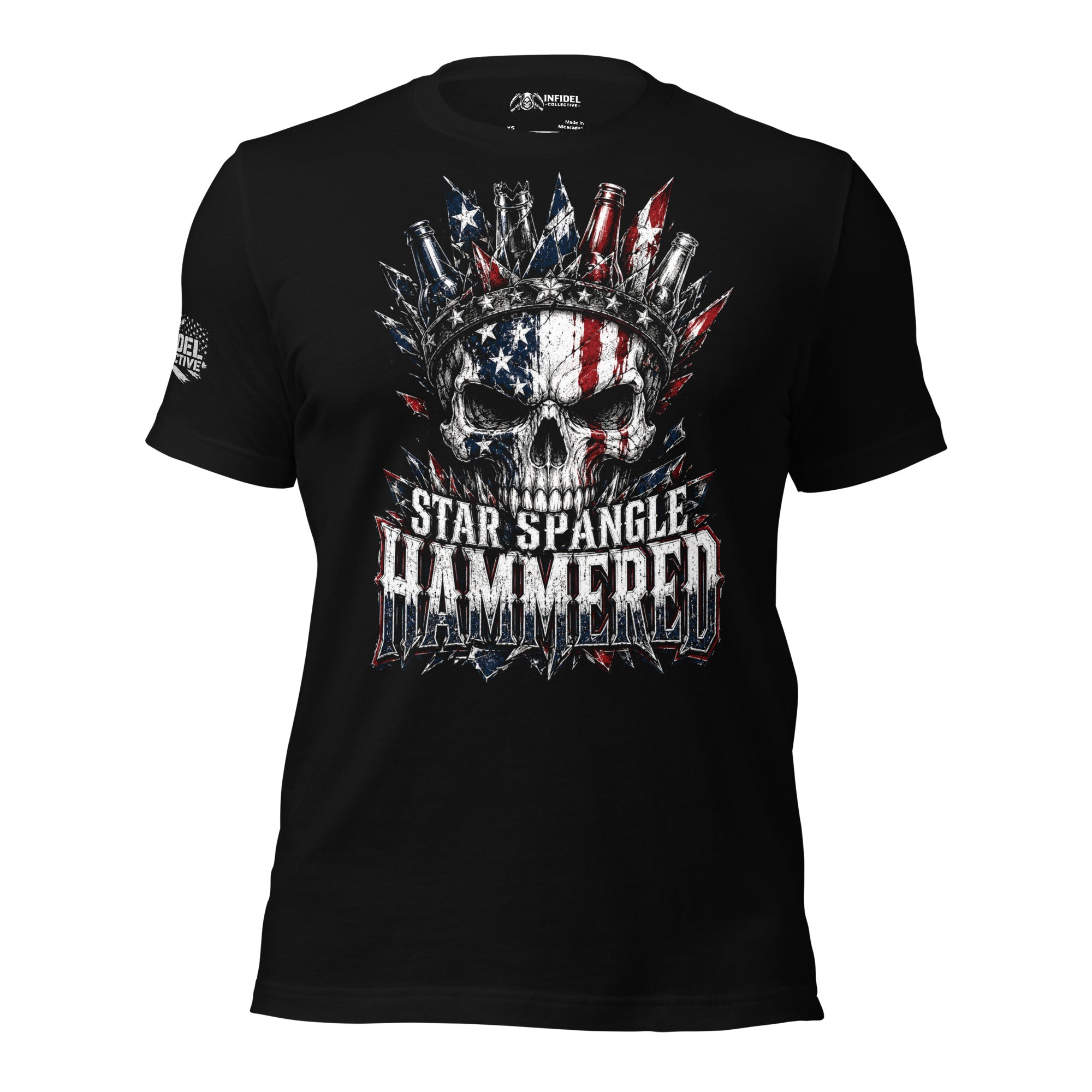 Star Spangle Hammered front print graphic on black tee featuring an American flag skull with bottle cap crown and distressed patriotic design
