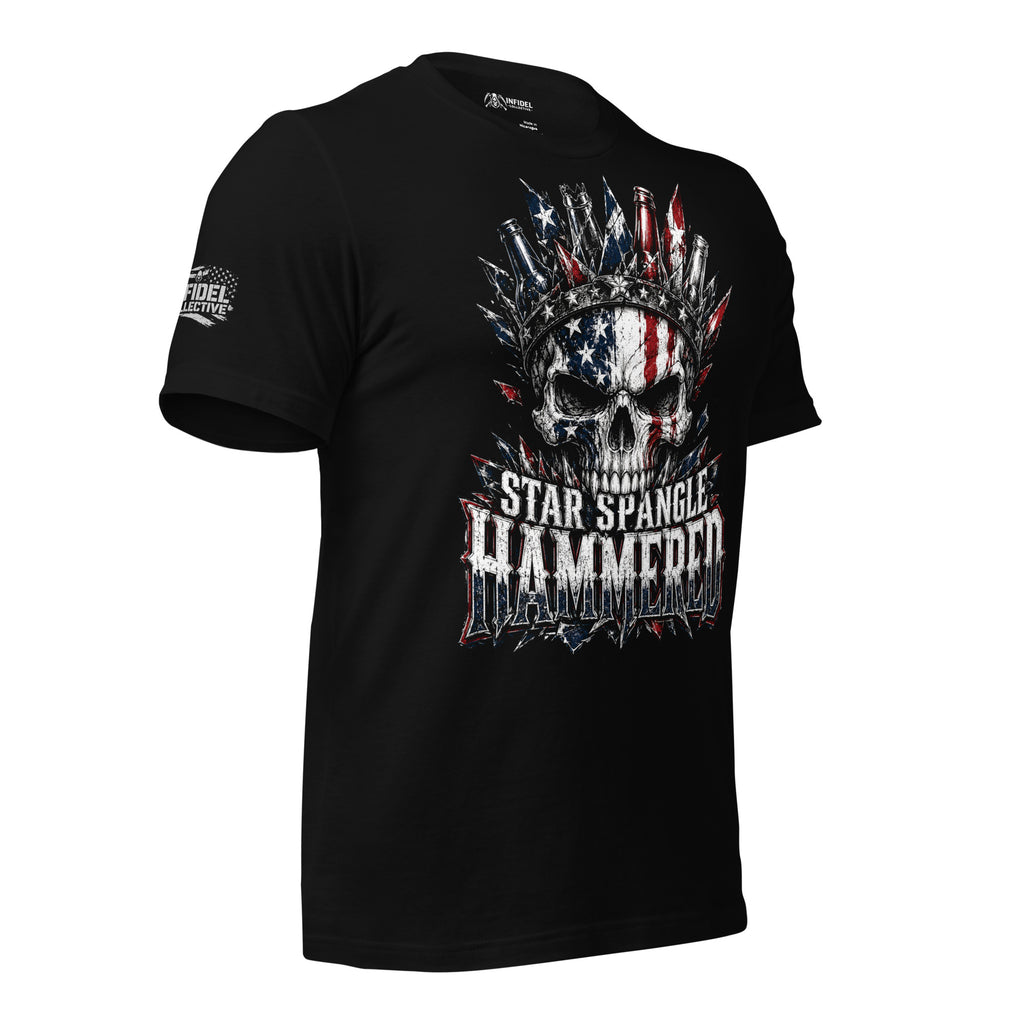 Star Spangle Hammered front print graphic on black tee featuring an American flag skull with bottle cap crown and distressed patriotic design